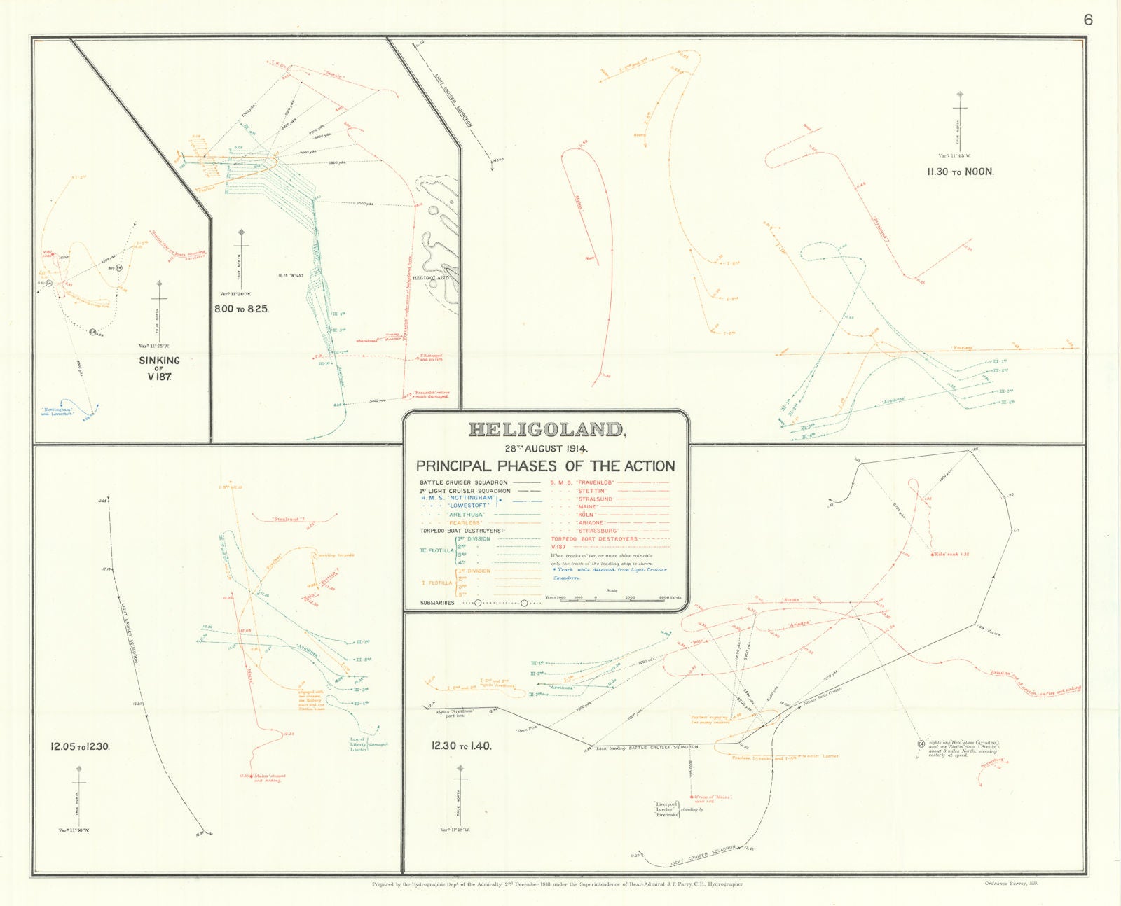 Battle of Heligoland Bight, 28th August 1914. Principal Phases. WW1. 1920 map